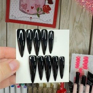 Glossy Black Stiletto handmade press on Nails reinforced with builder gel